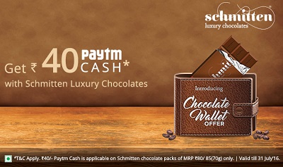 India Desire : Paytm Schmitten Chocolate Offer: Get Free Paytm Cash Upto Rs 40 On Buying Schmitten Chocolate